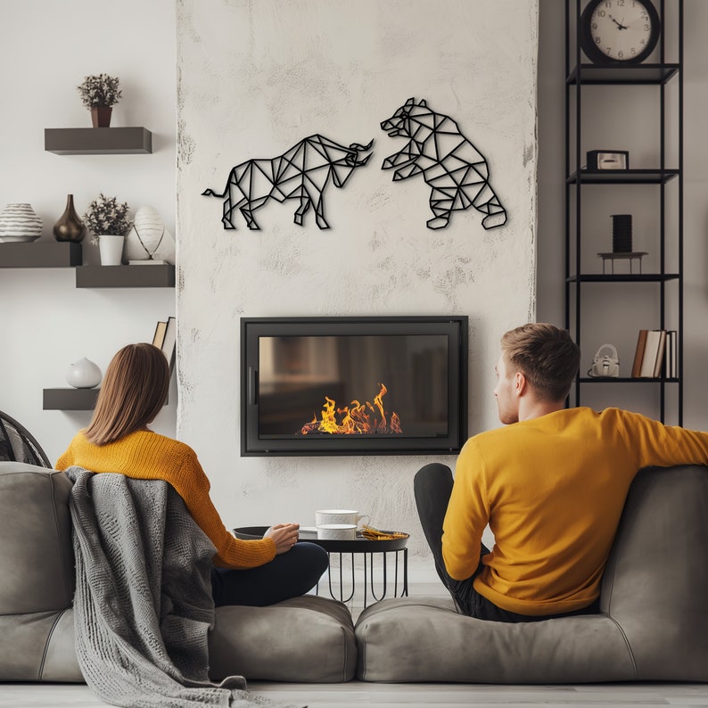 Unique gifts for traders: geometric bull and bear stock market wall art.