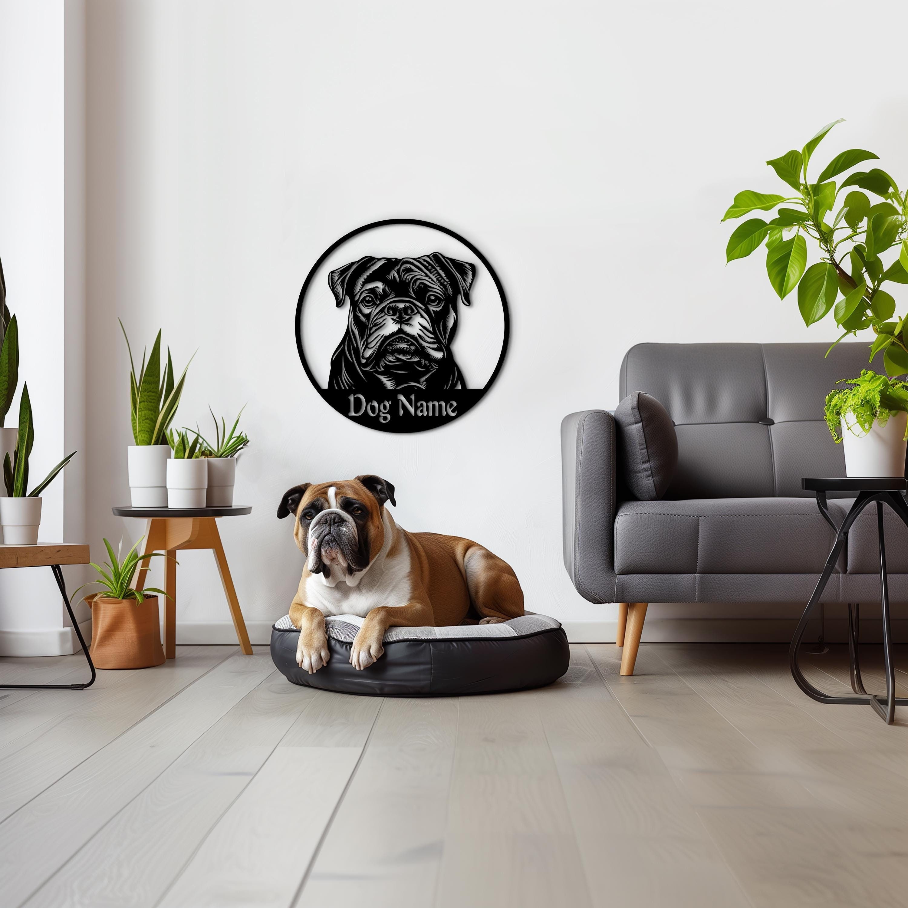 English Bulldog Wood Wall Art - Custom Pet Portrait Round Frame Hanging, Personalized Dog Name Sign, Home Decor Gift for Bulldog Owners