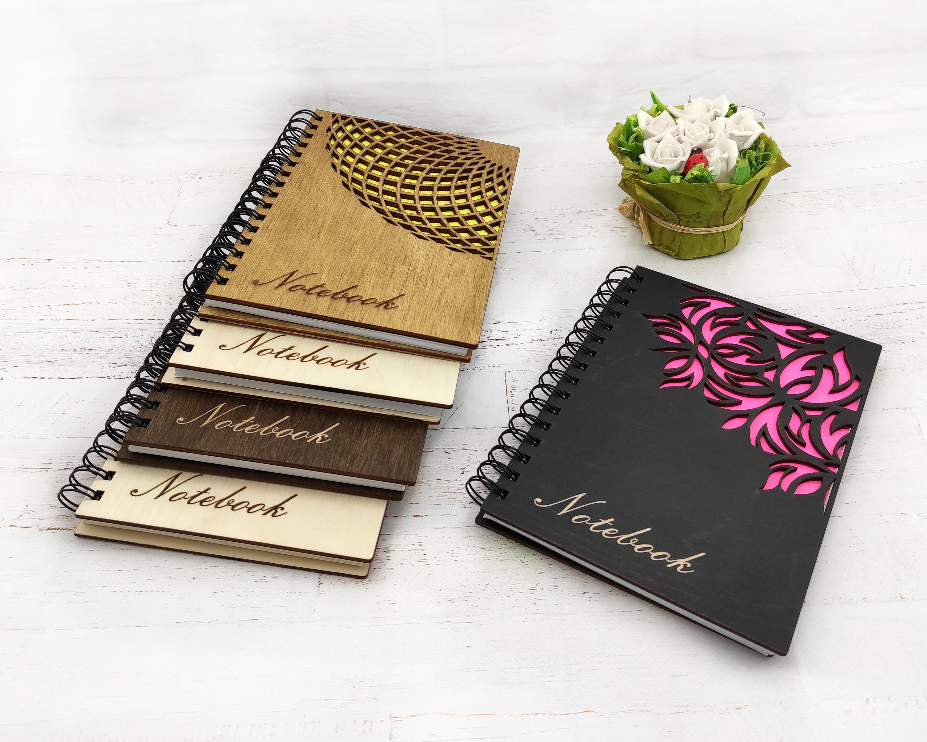 Wooden notebook with laser cut design. Spiral journal. Etsy