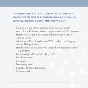 May include: A t-shirt with key features listed, including fabric composition, weight, and construction details. The text "Solid colors are 100% combed and ring-spun cotton" is visible.