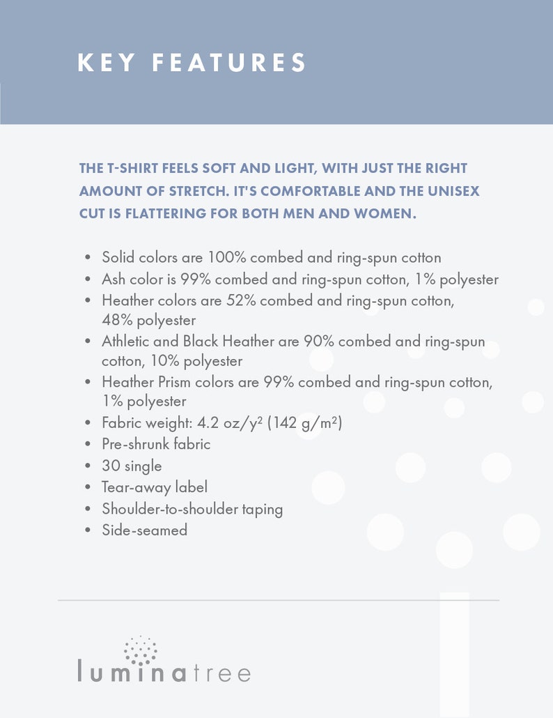 May include: A t-shirt with key features listed, including fabric composition, weight, and construction details. The text "Solid colors are 100% combed and ring-spun cotton" is visible.