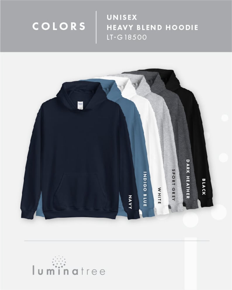 May include: Unisex heavy blend hoodie in six colors: black, dark heather, sport grey, white, indigo blue, and navy. The hoodie has a drawstring hood and a kangaroo pocket.
