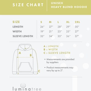 May include: Size chart for a unisex heavy blend hoodie. The chart shows measurements in inches for length, width, and sleeve length for sizes S, M, L, XL, and 2XL. An illustration of a hoodie shows the measurements for length, width, and sleeve length.