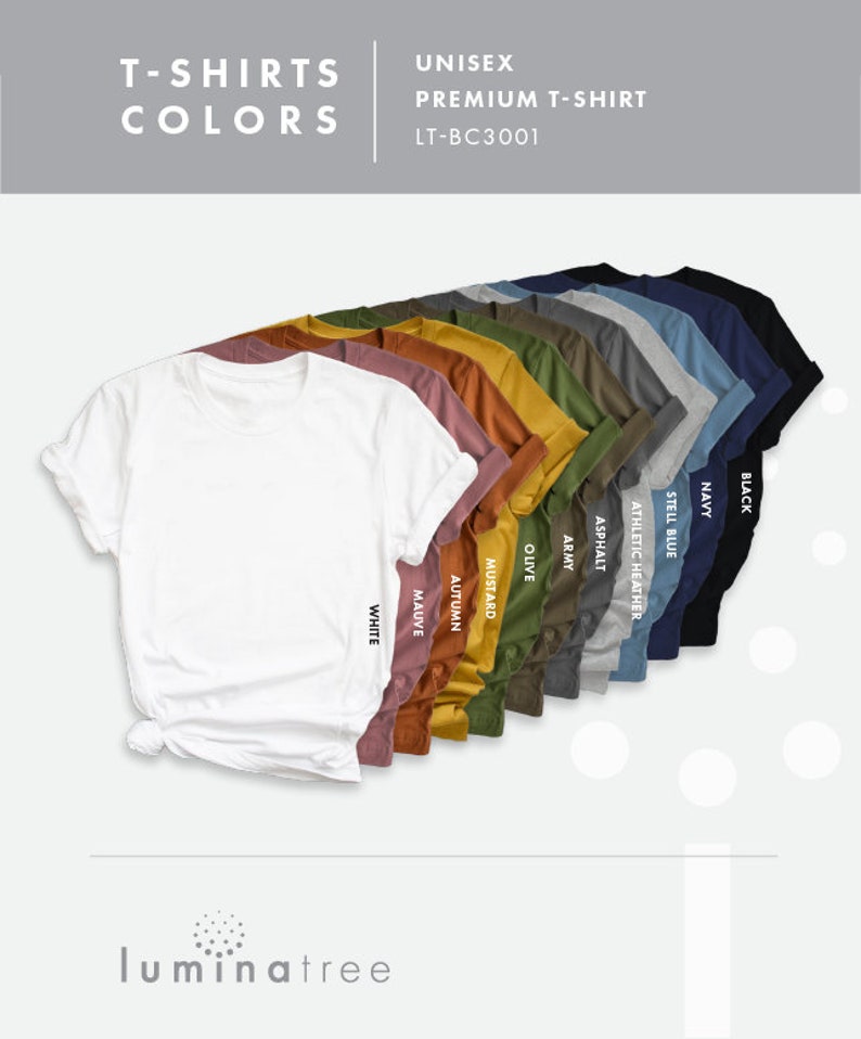 Op de afbeelding: Een selectie van unisex T-shirts in verschillende kleuren, waaronder wit, mauve, herfst, mosterd, olijf, leger, asfalt, sportgrijs, staalblauw, marineblauw en zwart. De tekst "T-SHIRTS COLORS" en "UNISEX PREMIUM T-SHIRT LT-BC3001" wordt bovenaan de afbeelding weergegeven.