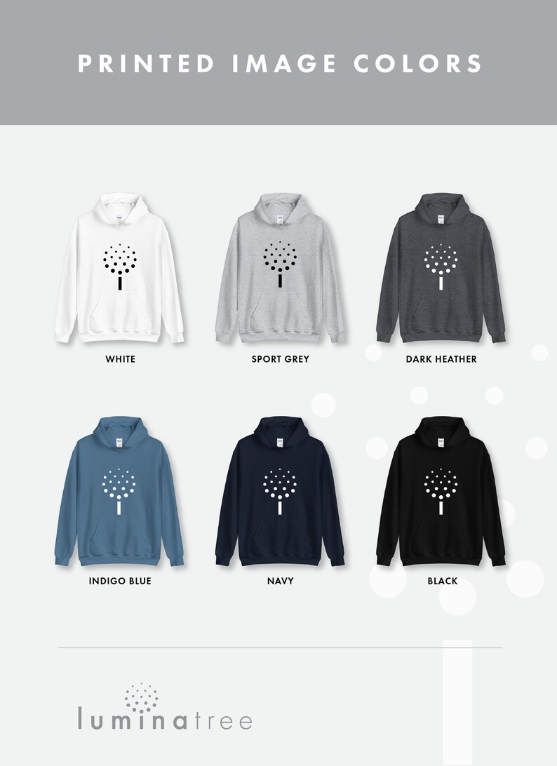 May include: Six different color hoodies with a white tree design printed on the front. The colors are white, sport grey, dark heather, indigo blue, navy, and black.