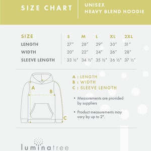 May include: Size chart for a unisex heavy blend hoodie. The chart shows measurements in inches for length, width, and sleeve length for sizes S, M, L, XL, and 2XL. A diagram of a hoodie shows the measurements for length, width, and sleeve length.
