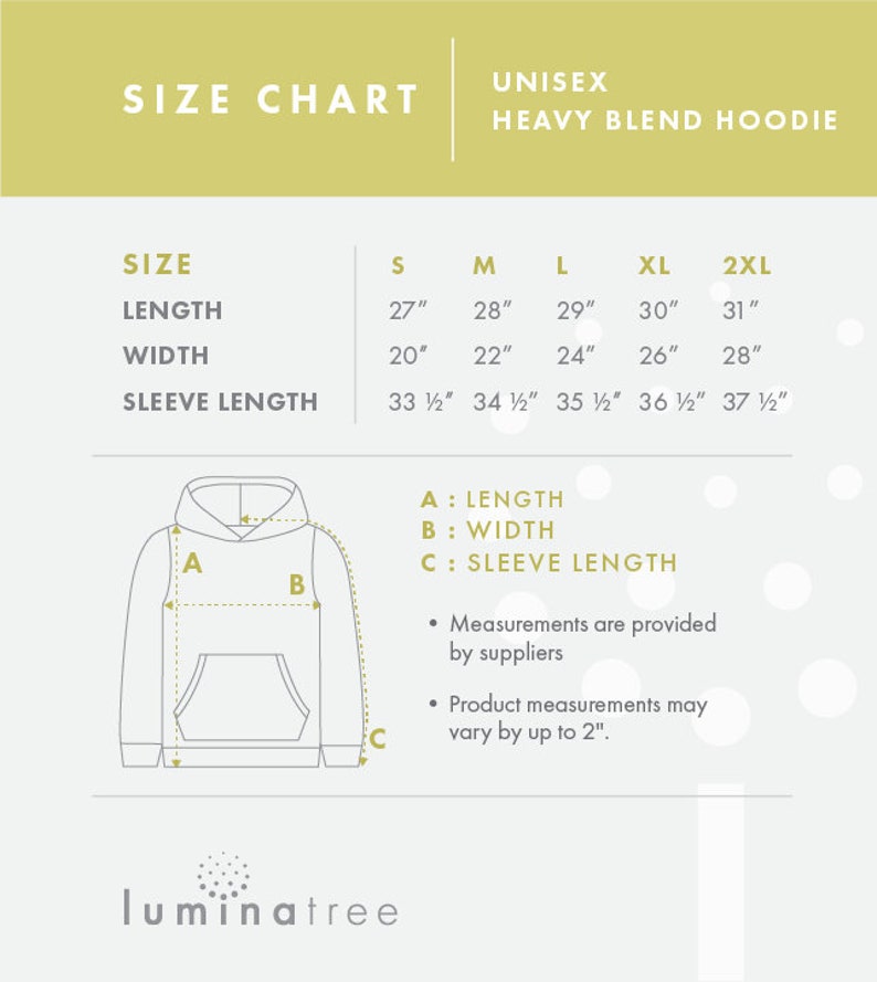 May include: Size chart for a unisex heavy blend hoodie. The chart shows measurements in inches for length, width, and sleeve length for sizes S, M, L, XL, and 2XL. A diagram of a hoodie shows the measurements for length, width, and sleeve length.