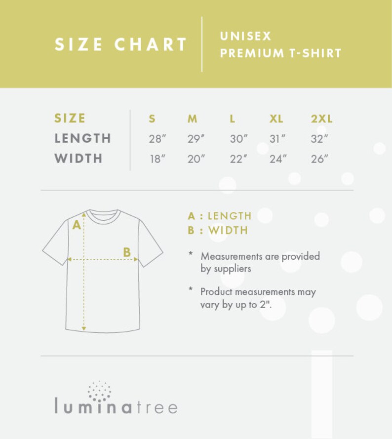 May include: Unisex premium t-shirt size chart with measurements in inches for length and width. The chart shows sizes S, M, L, XL, and 2XL.  The chart also includes a diagram of a t-shirt with labels for length and width.