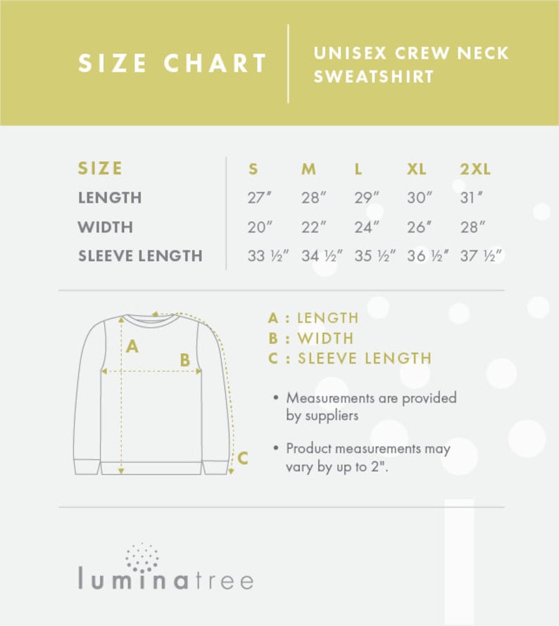 Puede incluir: Tabla de tallas para una sudadera con cuello redondo unisex. La tabla muestra las medidas en pulgadas para la longitud, el ancho y la longitud de la manga para las tallas S, M, L, XL y 2XL. Un diagrama muestra c&oacute;mo medir la longitud, el ancho y la longitud de la manga de la sudadera.