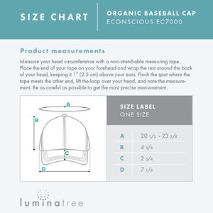 May include: A size chart for an organic baseball cap. The chart shows the measurements for the cap, including the circumference, brim, and crown. The measurements are given in inches.