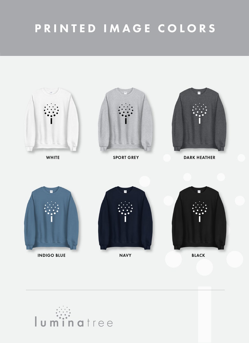 Puede incluir: Seis sudaderas de diferentes colores con un dise&ntilde;o de &aacute;rbol blanco en la parte delantera. Los colores son blanco, gris deportivo, gris oscuro, azul &iacute;ndigo, azul marino y negro.