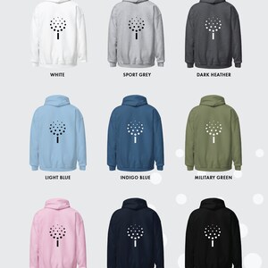 May include: Nine different color hoodies with a white tree design on the back. The colors are white, sport grey, dark heather, light blue, indigo blue, military green, light pink, navy, and black.