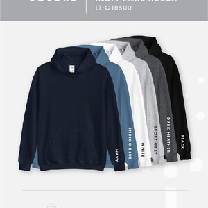 May include: Unisex heavy blend hoodie in six colours: black, dark heather, sport grey, white, indigo blue, and navy. The hoodie has a drawstring hood and a kangaroo pocket.