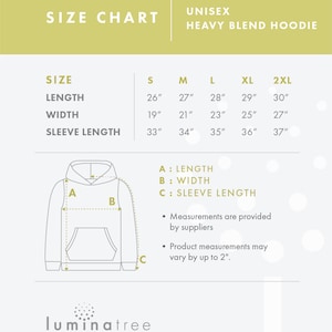 May include: Size chart for a unisex heavy blend hoodie. The chart shows measurements in inches for length, width, and sleeve length for sizes S, M, L, XL, and 2XL. An illustration of a hoodie shows the measurements for length, width, and sleeve length.