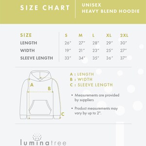 May include: Size chart for a unisex heavy blend hoodie. The chart shows measurements in inches for length, width, and sleeve length for sizes S, M, L, XL, and 2XL. A diagram of a hoodie shows the measurements for length, width, and sleeve length.