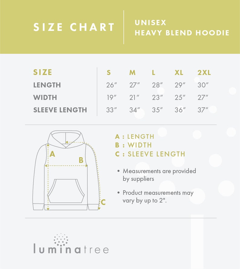 May include: Size chart for a unisex heavy blend hoodie. The chart shows measurements in inches for length, width, and sleeve length for sizes S, M, L, XL, and 2XL. A diagram of a hoodie shows the measurements for length, width, and sleeve length.