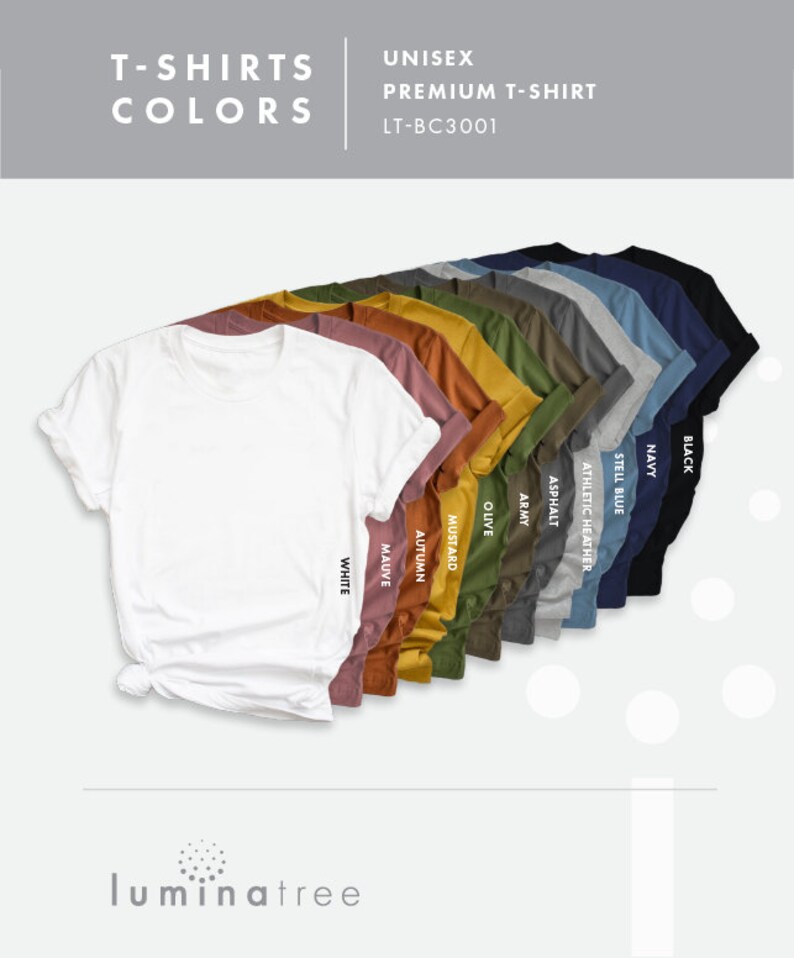 May include: A selection of unisex t-shirts in various colors, including white, mauve, autumn, mustard, olive, army, asphalt, athletic heather, steel blue, navy, and black. The text "T-SHIRTS COLORS" and "UNISEX PREMIUM T-SHIRT LT-BC3001" is displayed at the top of the image.