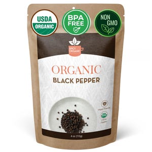 May include: A brown stand-up pouch of Spicy Organic Black Pepper with a net weight of 4 oz. The label features a white background with a graphic of black peppercorns in a bowl, USDA Organic, BPA Free, and Non-GMO circular green seals.