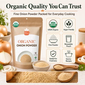 Puede incluir: Una bolsa marr&oacute;n resellable de cebolla en polvo Spicy Organic con una etiqueta blanca que muestra el texto Organic Onion Powder. La imagen incluye iconos de USDA Organic, Vegan Friendly, Fine Powder y Savory Recipes, junto a cebollas frescas.