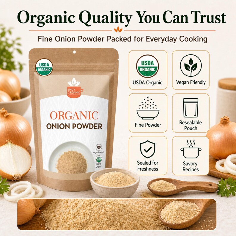 Puede incluir: Una bolsa marr&oacute;n resellable de cebolla en polvo Spicy Organic con una etiqueta blanca que muestra el texto Organic Onion Powder. La imagen incluye iconos de USDA Organic, Vegan Friendly, Fine Powder y Savory Recipes, junto a cebollas frescas.