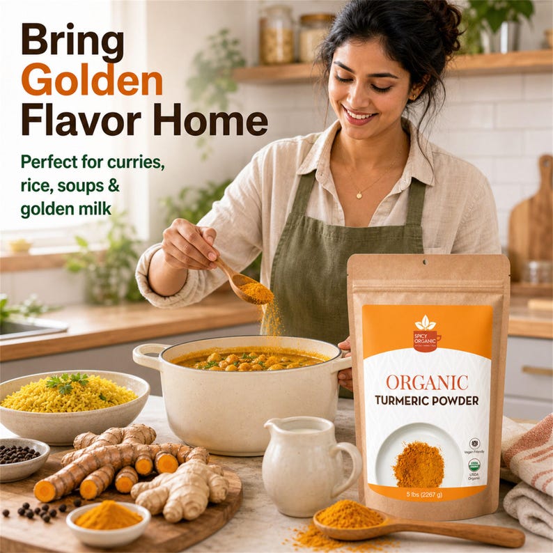 Organic Turmeric Powder from India | USDA Certified, Non-GMO | For Curries, Golden Milk Lattes & Rice | Resealable Kraft Pouch image 5