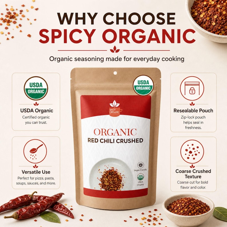Op de afbeelding: Een hersluitbare zak met Organic Red Chili Crushed kruiden. De verpakking bevat de tekst WHY CHOOSE SPICY ORGANIC, USDA Organic-labels en iconen die de grove textuur en veelzijdig gebruik benadrukken, met gedroogde rode chilipepers ernaast.