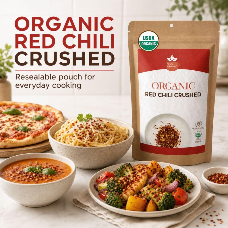 Op de afbeelding: Een bruine hersluitbare zak met het label Organic Red Chili Crushed en een USDA Organic-zegel. De zak staat naast een kom pasta, een kom soep, een bord geroosterde groenten en een pizza, allemaal bestrooid met rode chilivlokken.