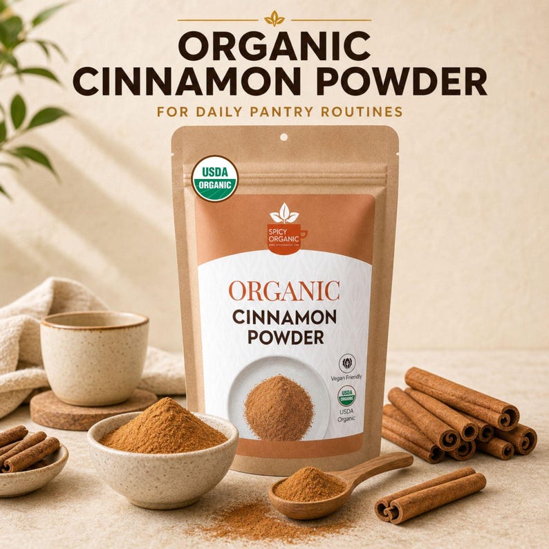 K&ouml;nnte beinhalten: Ein brauner Standbeutel mit Spicy Organic Zimtpulver und USDA Organic Siegel. Die Verpackung tr&auml;gt den Text Organic Cinnamon Powder for Daily Pantry Routines. Eine Schale und ein Holzl&ouml;ffel enthalten das braune Gew&uuml;rzpulver.