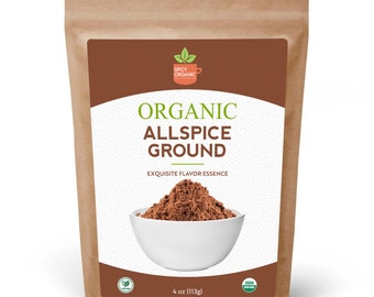May include: A brown paper bag with a white label that says "Organic Allspice Ground, Exquisite Flavor Essence". The label also has a green logo with a cup and leaves. The bag contains 4 oz (113g) of ground allspice.