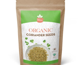 Puede incluir: Una bolsa de papel marrón con semillas de cilantro orgánicas. La bolsa tiene una etiqueta verde y blanca con las palabras "Organic Coriander Seeds". La bolsa también tiene una etiqueta "Vegan Friendly" y "USDA Organic". La bolsa contiene 454 g de semillas.