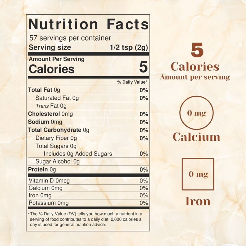 May include: Nutrition Facts label for a food product with 5 calories per serving. The label lists the amount of total fat, saturated fat, trans fat, cholesterol, sodium, total carbohydrate, dietary fibre, total sugars, includes added sugars, sugar alcohol, protein, vitamin D, calcium, iron, and potassium per serving. The label also includes the percentage of daily value for each nutrient.