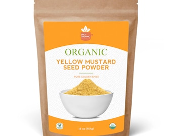 May include: A brown paper bag with a yellow label that says "Organic Yellow Mustard Seed Powder" and "Pure Golden Spice". The label also has a picture of a white bowl filled with yellow mustard powder. The bag is 16 ounces (454 grams).
