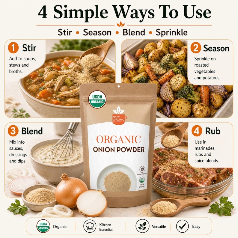 Puede incluir: Una bolsa marr&oacute;n de cebolla en polvo org&aacute;nica con una etiqueta que muestra el texto Organic Onion Powder y un sello USDA Organic. La imagen muestra cuatro m&eacute;todos de uso: revolver en sopas, sazonar vegetales asados, mezclar en salsas y frotar en carne.
