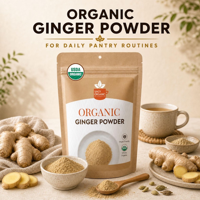 May include: A brown pouch of Organic Ginger Powder with a white label featuring the text Organic Ginger Powder, USDA Organic, and Spicy Organic. The pouch is surrounded by fresh ginger roots, a bowl of ginger powder, a wooden spoon, and a mug.