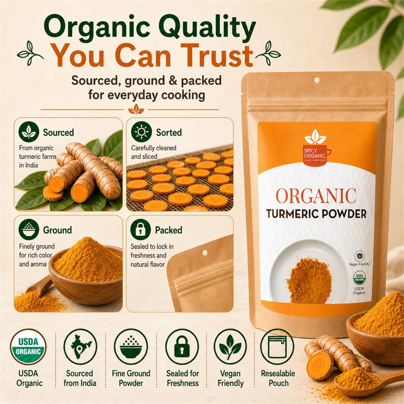 May include: A brown resealable pouch of Organic Turmeric Powder with a label featuring the text Organic Quality You Can Trust. The image displays raw turmeric roots, sliced turmeric on a rack, and ground powder in a wooden bowl with USDA Organic icons.