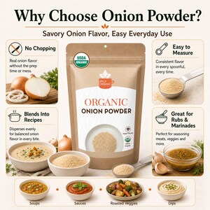 Puede incluir: Una bolsa marr&oacute;n de cebolla en polvo Spicy Organic con etiqueta blanca. La imagen incluye texto que explica beneficios como no picar, f&aacute;cil medici&oacute;n y mezcla. Muestra cuencos con sopa, salsa, verduras asadas y cremas para untar.