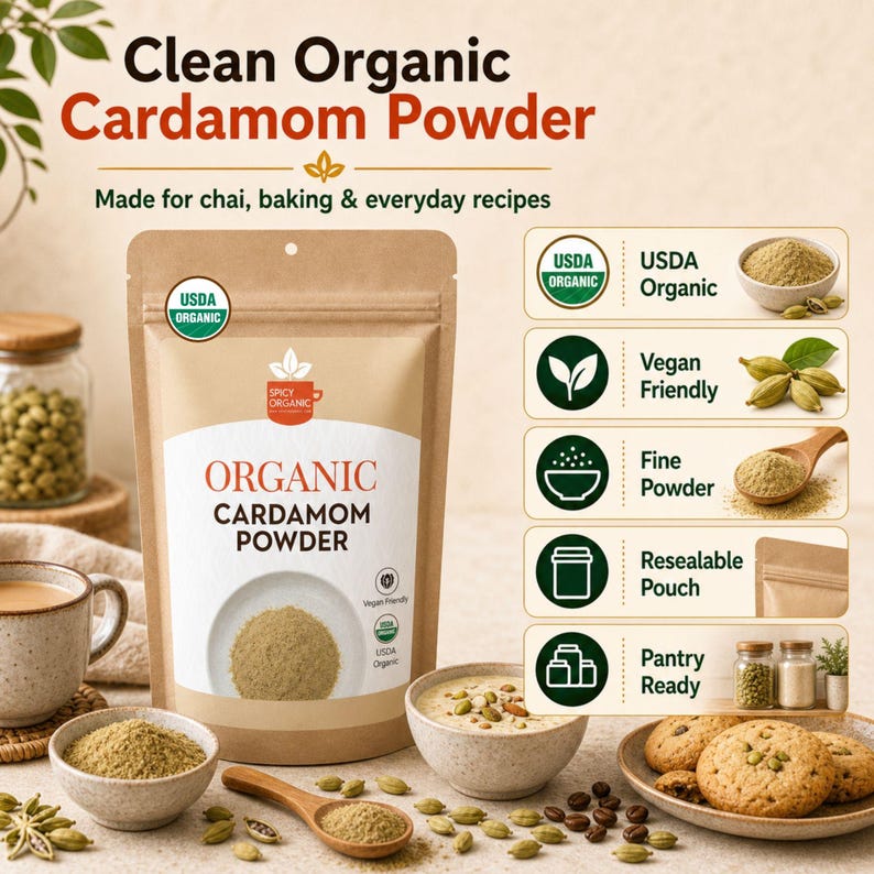 以下が含まれることがあります： 「Clean Organic Cardamom Powder」と書かれたSpicy Organicの茶色の再封可能なパウチ。ラベルにはUSDA OrganicとVegan Friendlyのアイコンがあります。周囲には粉末、カルダモンのさや、クッキーが配置されています。