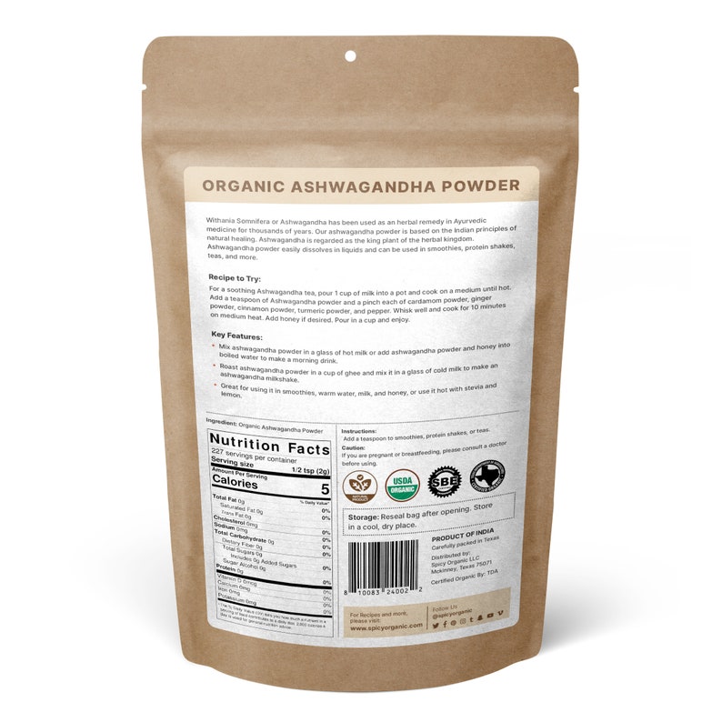 May include: A brown paper bag with a resealable top containing organic Ashwagandha powder. The bag features a label with the product name, ingredients, nutritional information, and instructions for use. The label also includes USDA Organic and SBE certifications.