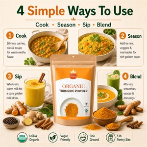 May include: A brown stand-up pouch of Organic Turmeric Powder with a 5 lb (2267 g) label. The packaging features the Spicy Organic logo, text, and a circular window showing the orange powder. Surrounding images illustrate four ways to use turmeric: cooking, seasoning, sipping, and blending, with bowls of food, golden milk, and raw turmeric roots.