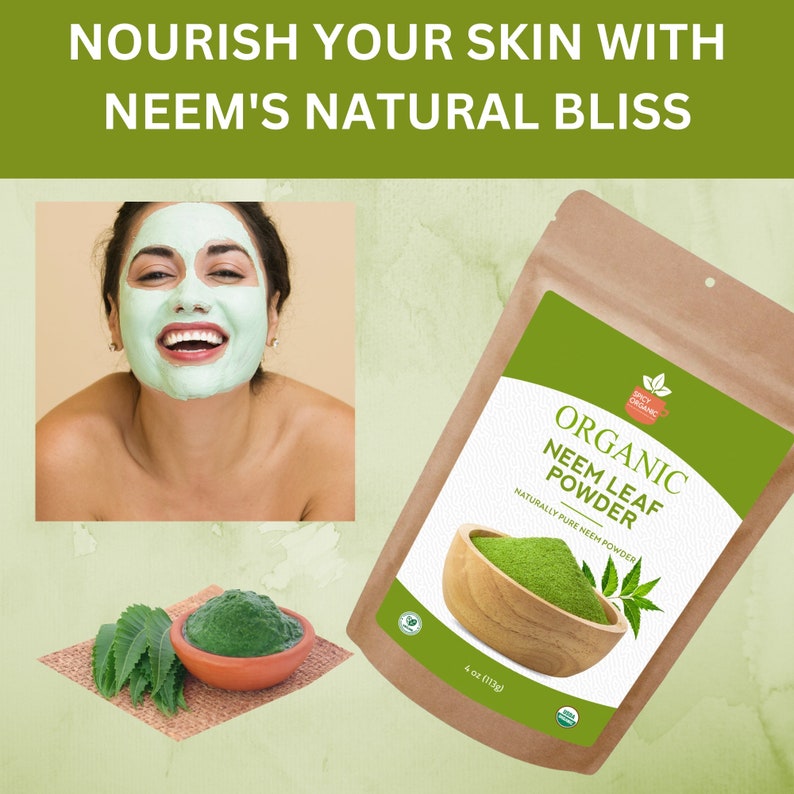 May include: A brown paper bag with a white label that reads "ORGANIC NEEM LEAF POWDER NATURALLY PURE NEEM POWDER 4 oz (100g)". The bag contains a green powder in a wooden bowl. A woman with a green face mask smiles at the camera.
