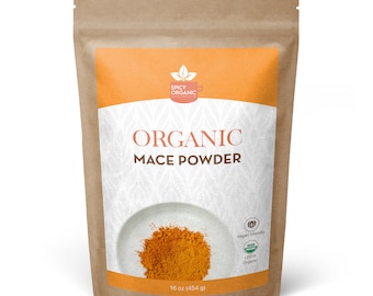 May include: A brown paper bag with a label that says "Organic Mace Powder" and a picture of the powder in a small white bowl. The label also says "Spicy Organic" and has a USDA Organic seal.