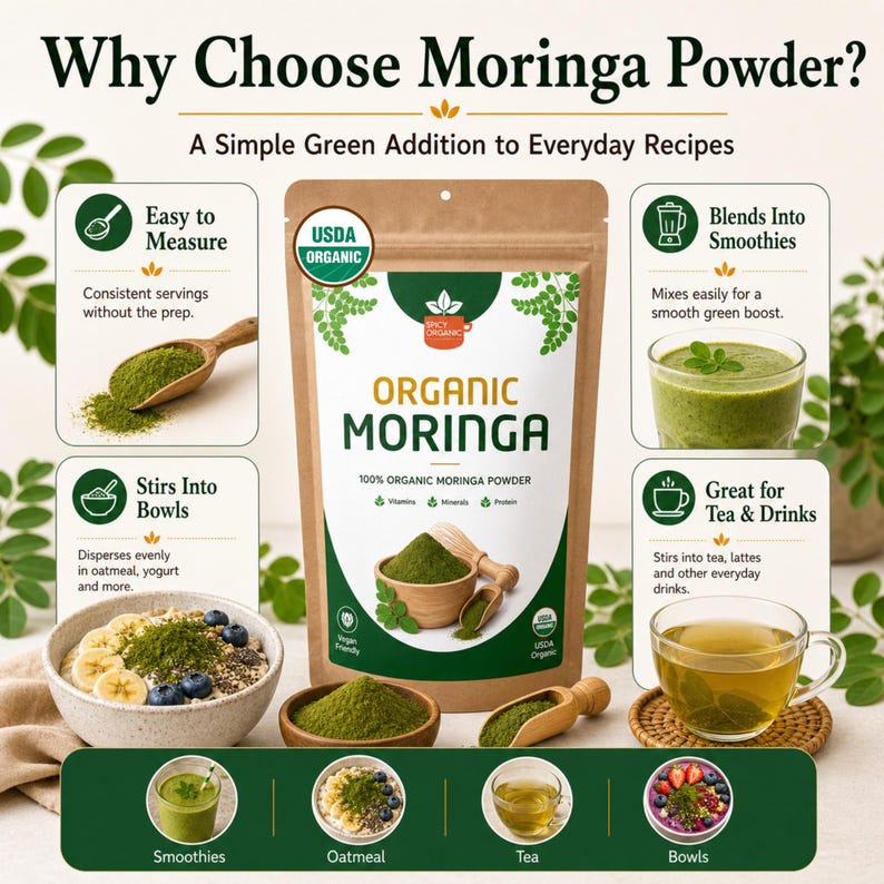 May include: A brown pouch of Organic Moringa Powder with a white label featuring green text and graphics. The label displays the text Why Choose Moringa Powder?, Organic Moringa, 100% Organic Moringa Powder, Vitamins, Minerals, Protein, and USDA Organic.
