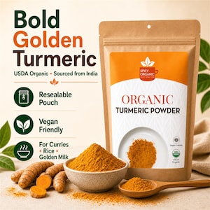 May include: A resealable brown pouch of Spicy Organic Turmeric Powder with a white label featuring orange accents. Beside it sits a small bowl and a wooden spoon filled with bright yellow-orange turmeric powder, plus several raw turmeric roots.