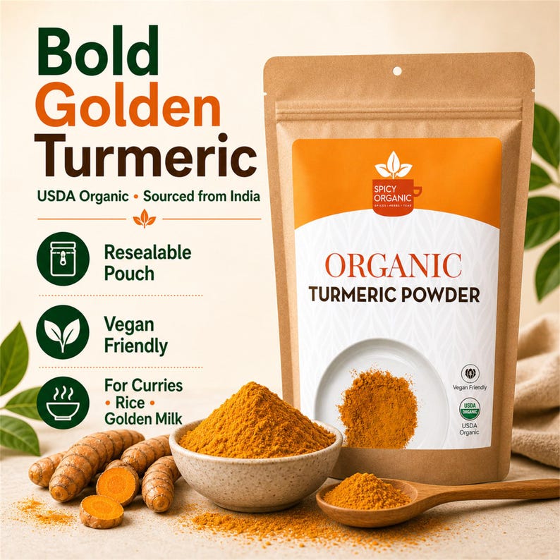 May include: A resealable brown pouch of Spicy Organic Turmeric Powder with a white label featuring orange accents. Beside it sits a small bowl and a wooden spoon filled with bright yellow-orange turmeric powder, plus several raw turmeric roots.
