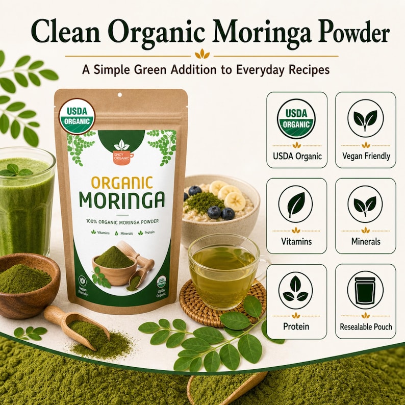 May include: A resealable pouch of Organic Moringa Powder with text reading Clean Organic Moringa Powder and A Simple Green Addition to Everyday Recipes. The packaging features USDA Organic and Vegan Friendly icons, alongside images of green powder, a smoothie, and oatmeal.