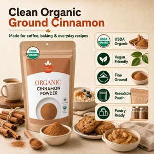 K&ouml;nnte beinhalten: Ein beigefarbener, wiederverschlie&szlig;barer Beutel mit Spicy Organic gemahlenem Zimtpulver und USDA Organic-Siegel. Die Verpackung tr&auml;gt den Text Clean Organic Ground Cinnamon. Um den Beutel liegen Zimtstangen, ein Holzl&ouml;ffel und Schalen.