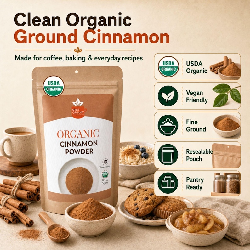 K&ouml;nnte beinhalten: Ein beigefarbener, wiederverschlie&szlig;barer Beutel mit Spicy Organic gemahlenem Zimtpulver und USDA Organic-Siegel. Die Verpackung tr&auml;gt den Text Clean Organic Ground Cinnamon. Um den Beutel liegen Zimtstangen, ein Holzl&ouml;ffel und Schalen.