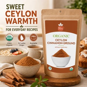 Peut inclure: Un sachet en papier brun de cannelle de Ceylan moulue biologique avec une &eacute;tiquette indiquant Organic Ceylon Cinnamon Ground Naturally Sweet Spice. Le sachet pr&eacute;sente un logo, des ic&ocirc;nes USDA Organic et Sri Lanka Origin, et le texte Sweet Ceylon Warmth.