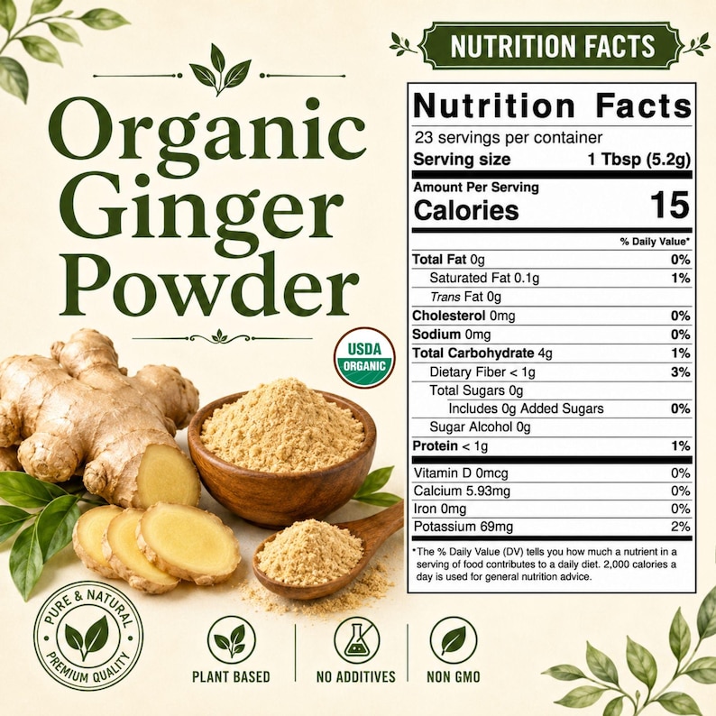 May include: Organic Ginger Powder label featuring a nutrition facts table, a wooden bowl and spoon filled with light brown ginger powder, and fresh ginger root slices. The text includes USDA Organic, Pure & Natural, Plant Based, No Additives, and Non GMO.