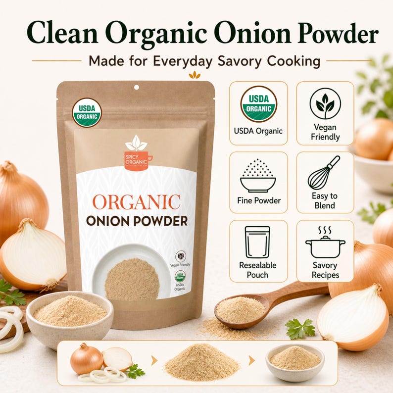 Puede incluir: Una bolsa marr&oacute;n resellable de cebolla en polvo Spicy Organic con etiqueta blanca. El envase muestra iconos de USDA Organic y Vegan Friendly. Alrededor de la bolsa hay cebollas amarillas enteras, cortadas y cuencos con polvo fino.